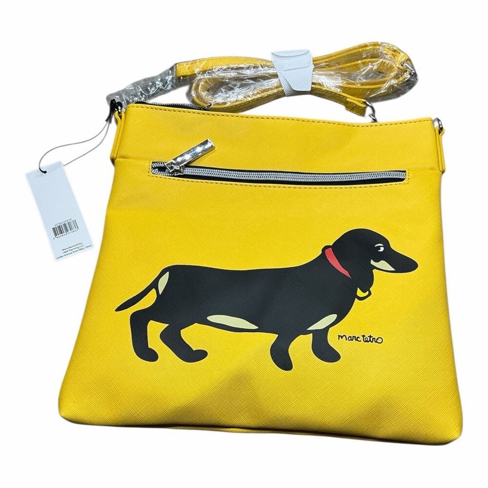 Marc Tetro Yellow Crossbody Bag With Dachshund Design Striped Lining Adjustable